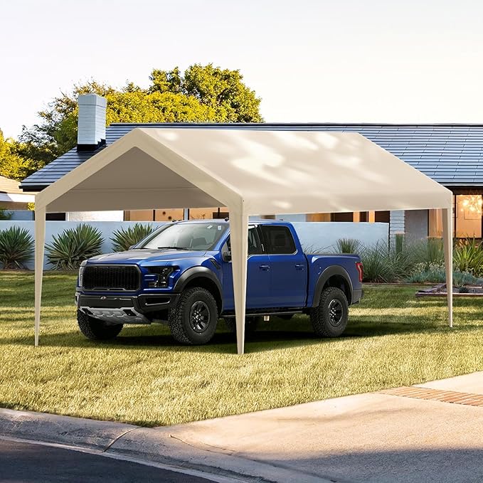 VEVOR Carport Replacement Canopy Cover 10 x 20 ft, Garage Top Tent Shelter Tarp Heavy-Duty Waterproof & UV Protected, Easy Installation with Ball Bungees,Beige (Only Top Cover, Frame Not Include)