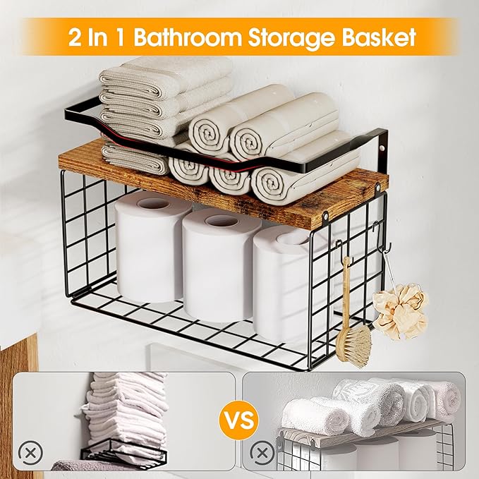 Towel Racks for Bathroom,Towel Rack Wall Mounted, 6 Tier Rolled Or Folded Towel Holder with Floating Shelves, Bathroom Towel Holder for Bath, Hand Towels,Metal and Wood