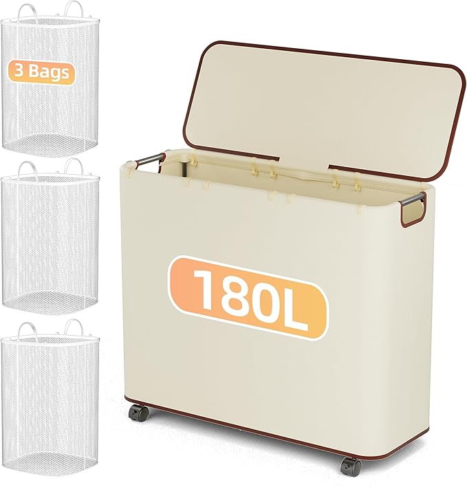 Yecaye 180L Laundry Basket With Lid and Removable 3 Bags, Large Rolling Laundry Hamper with Lid, 3 Section Rolling Clothes Storage With Wheels, Clothes Hamper with Wheels For Laundry Room, Beige