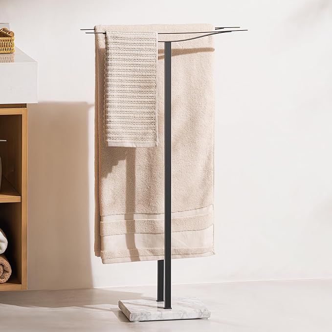Bathroom Towel Rack Freestanding Floor Stand: Black 36in 2‑Bar Weighted Marble Base Towel Holder, Rustproof 304 Stainless Steel Drying Rack for Bath&Hand Towels, No‑Drill Slim Organizer, Spa Pool