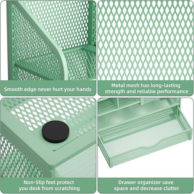 Marbrasse Mesh Pen Holder for Desk, Multi-Functional Pencil Organizer with Drawer, Desk Organizers and Accessories for Office Art Supplies (Green)
