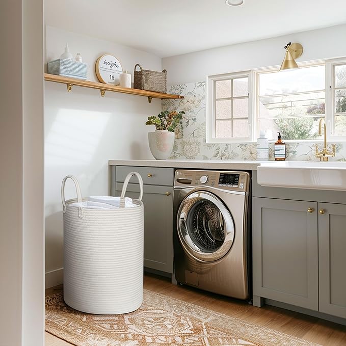 Large White Laundry Basket, 15"x18" Tall Blanket Storage Living Room, XL Cotton Rope Toy Bin for Organizing, Wicker Woven Baby Nursery Laundry Hamper with Handle, White Room Decor Aesthetic