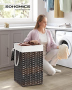 SONGMICS Laundry Hamper with Lid, 17.2 Gallon (65 L) Synthetic Rattan Clothes Laundry Basket with Lid and Handles, Foldable, Removable Liner, Chestnut Brown ULCB165K01
