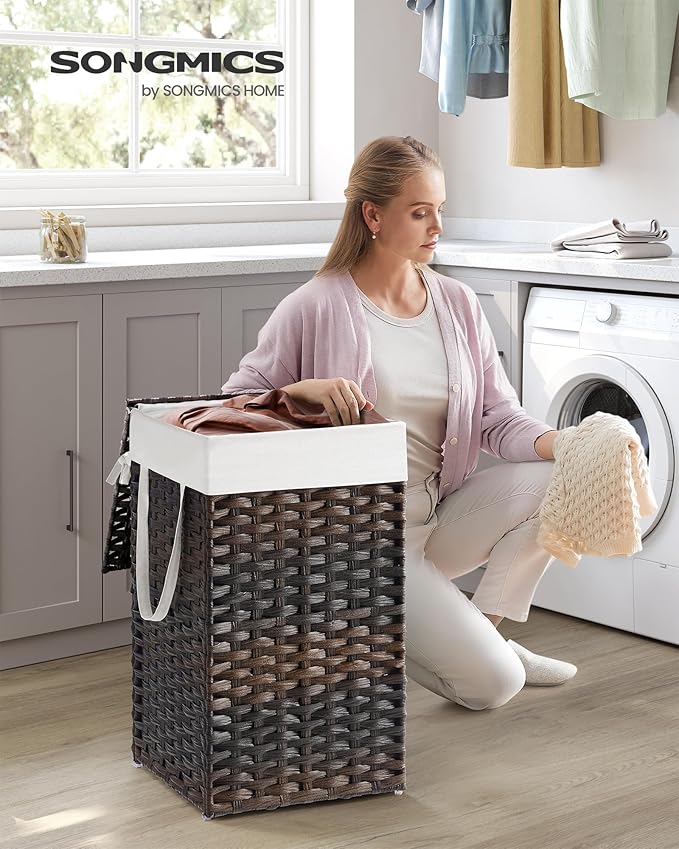 SONGMICS Laundry Hamper with Lid, 17.2 Gallon (65 L) Synthetic Rattan Clothes Laundry Basket with Lid and Handles, Foldable, Removable Liner, Chestnut Brown ULCB165K01