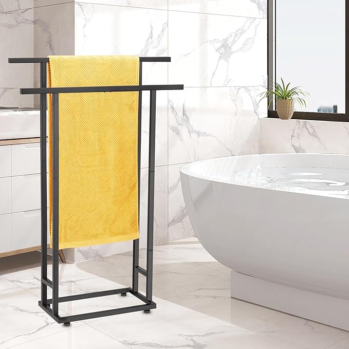 Standing Towel Racks for Bathroom, 2 Tier Bathroom Floor Free Standing Towel Rack, Tall Enough Pool Bath Drying and Dispaly Outdoor Stand for Storage, Black Freestanding Blanket Holder, ALHAKIN