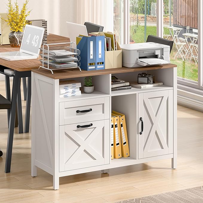 Lateral File Cabinet with 2 Drawers and Door, Farmhouse File Cabinet for A4/Letter Size Hanging Files, Large Wood File Storage Cabinets Printer Stand with Open Space for Home Office Furniture, White
