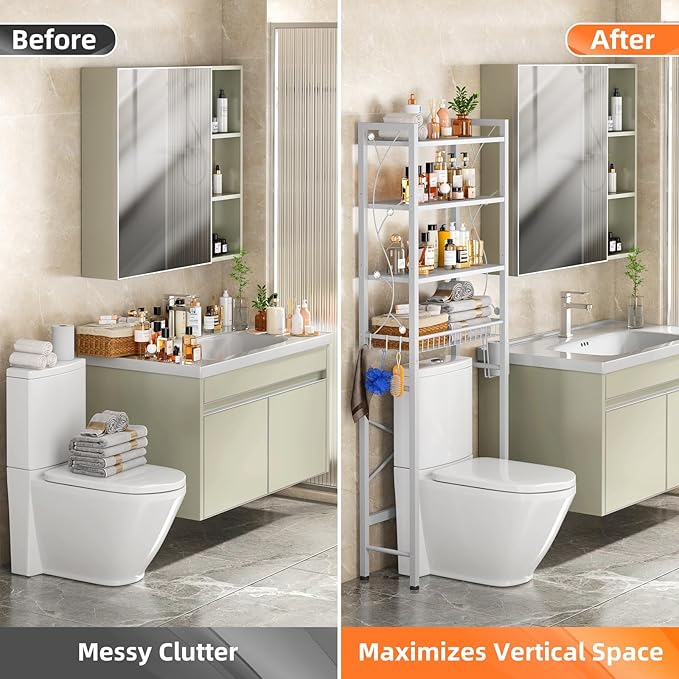 Over-The-Toilet Storage Rack, 4-Tier Bathroom Organizer Shelf Over Toilet with Adjustable Shelf and Basket, Freestanding Space Saver Bathroom Shelves Above Toilet for Room (Pure White)
