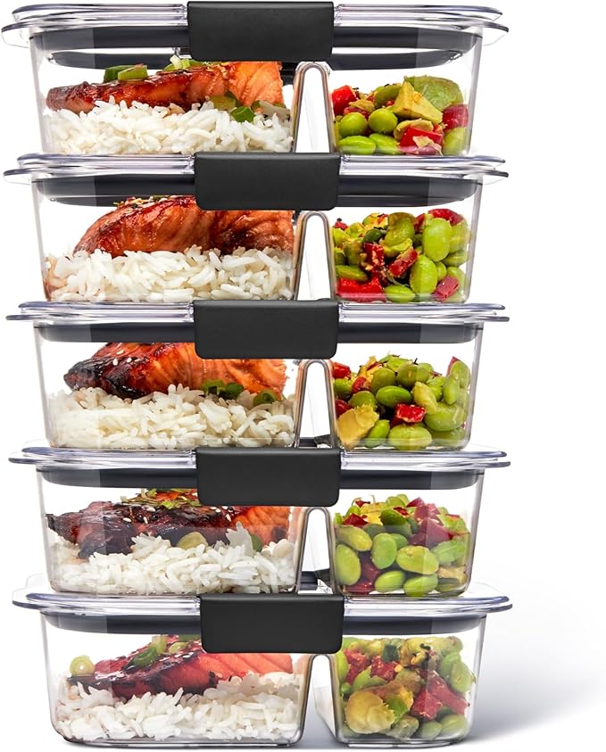 Rubbermaid Brilliance Meal Prep Containers, 2-Compartment Food Storage Containers, 2.85 Cup, 5-Pack, BPA-Free, Clear/Grey
