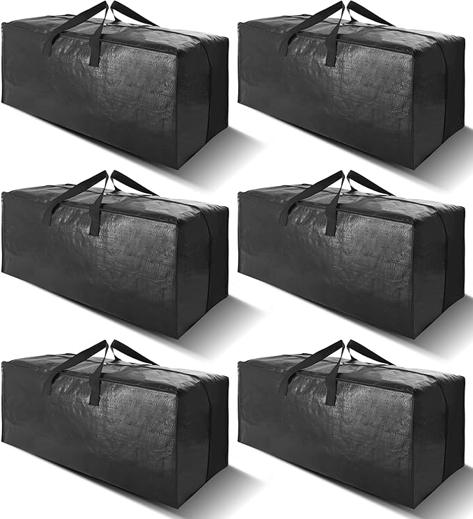 6 Pack Heavy Duty Extra Large Moving Bags W/Backpack Straps - Strong Handles & Zippers, Storage Totes For Space Saving, Fold Flat, Alternative to Box and Bin (40 gal, Black)