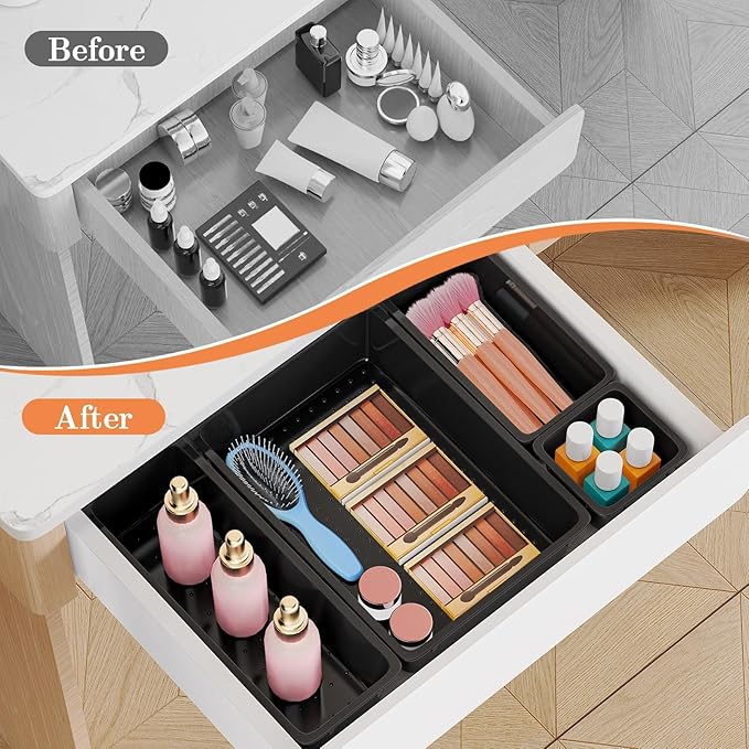 25 PCS Plastic Drawer Organizer Set, 4-Size Versatile Organizer Trays & storage Bins for Makeup, Jewelry, and Gadgets in Bathroom, Bedroom and Office, Black