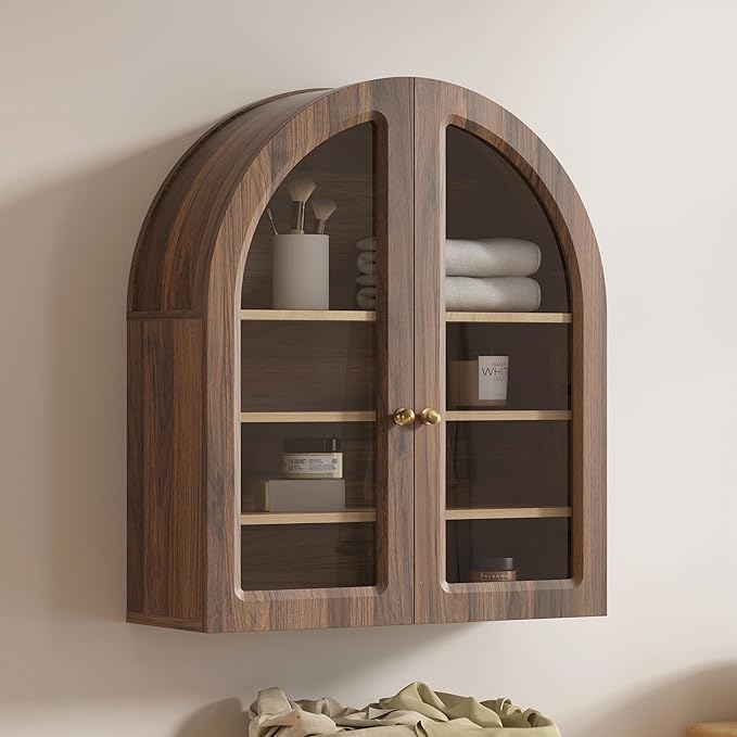 Brown Arched Wall Cabinet, Large Wood Bathroom Medicine Cabinet Wall Mounted Cupboard, Modern Floating Storage Cabinet with Acrylic Door Adjustable Shelf, Wood Organizer (Brown-Oak)