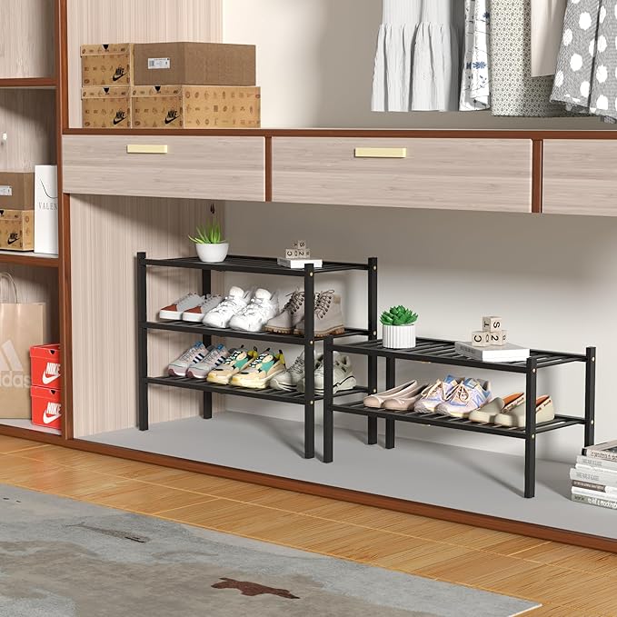 3 Tier Bamboo Shoe Rack for Closet Free Standing Wood Shoe Shelf Storage Organizer for Entryway Small Space Stackable 27"x11"x20" (Black)
