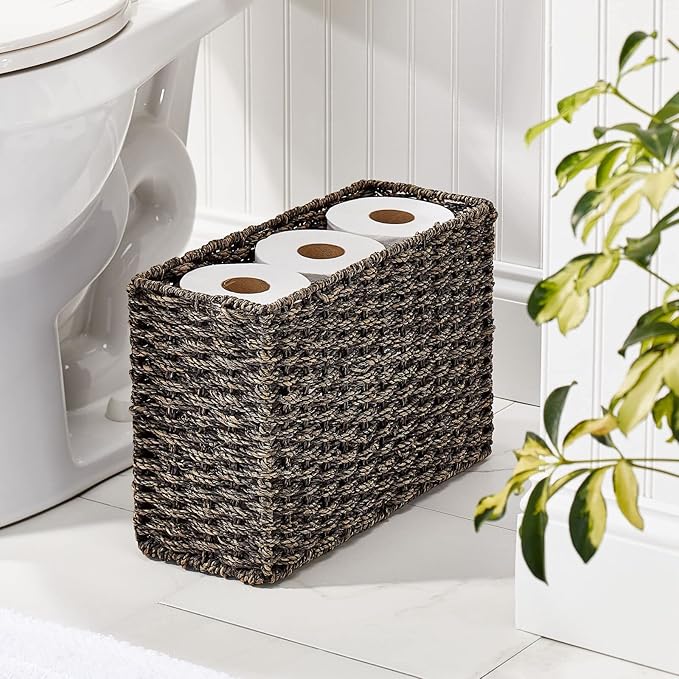 mDesign Rustic Farmhouse Woven Seagrass Toilet Paper Holder Basket - Large Storage Organizer Tank Topper for Bathroom Counter or Top of Toilet - Holds 6 Rolls of Toilet Paper - Black Wash