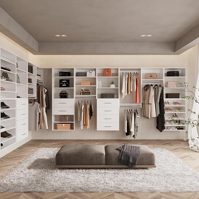 ROOMTEC Modular Closet System, 67" Wall-Mounted Closet Organizer with Hanging Rods, Wooden Tower for Walk-In Closets, Wardrobe Storage Kit, White