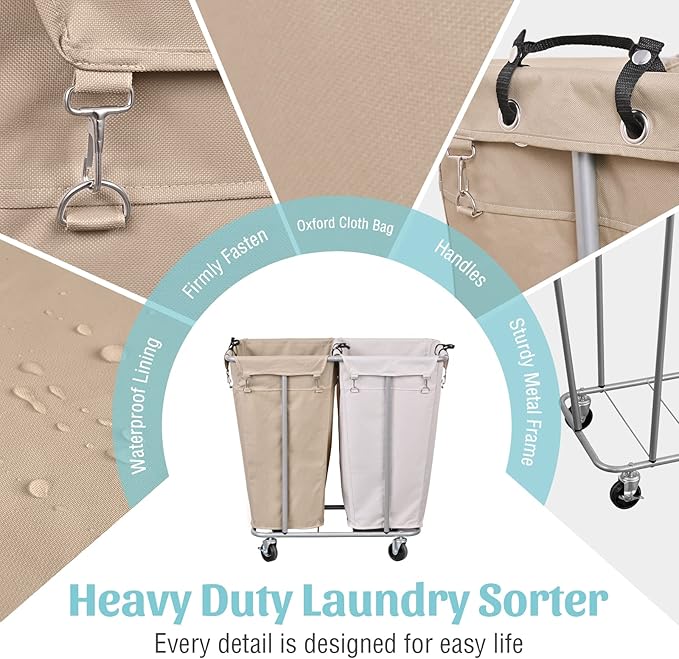 PLKOW Laundry Cart with Wheels 280L Large Laundry Sorter 2 Section for Commercial/Home, Rolling Laundry Cart with Steel Frame and Removable Bag, 8 Bushel, 32.3L x 19.7W x 31.5H Inch