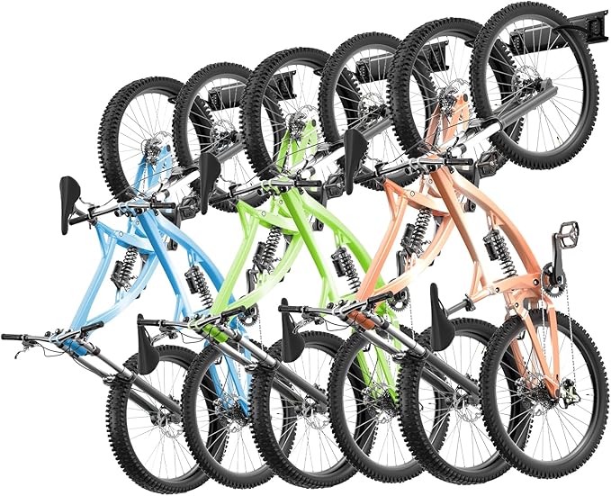 VEVOR Bike Storage Rack, 6 Bike Racks and 3 Helmets Hooks, Wall Mount Bike Storage Hanger, Home & Garage Organizer, Customizable for Various Bike Sizes, Adjustable Holder, Holds Up to 300 lbs, 48-inch