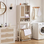 LEYAOYAO Rattan Over The Toilet Storage Cabinet, Farmhouse Over Toilet Bathroom Organizer with Sliding Door, 68" Tall Freestanding Washer Shelf with Adjustable Shelf & Curved Profile, Grey White