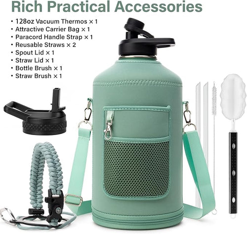 1 Gallon Water Bottle Insulated | Thickened Stainless Steel Vacuum Metal Water Jug | Portable Sports Large for Gym and Hiking with Straw, Carrier Bag, Handle Strap | BPA-Free 128 oz
