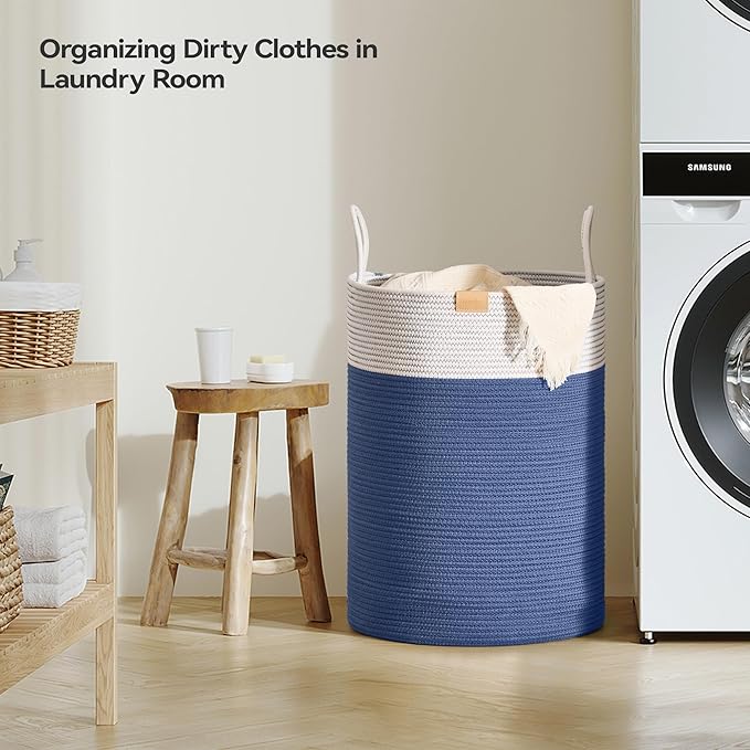 Laundry Hamper 95L,Large Laundry Basket for Clothes,Decorative Storage Basket for Blankets,Cotton Rope Woven basket for bedroom,Navy Blue