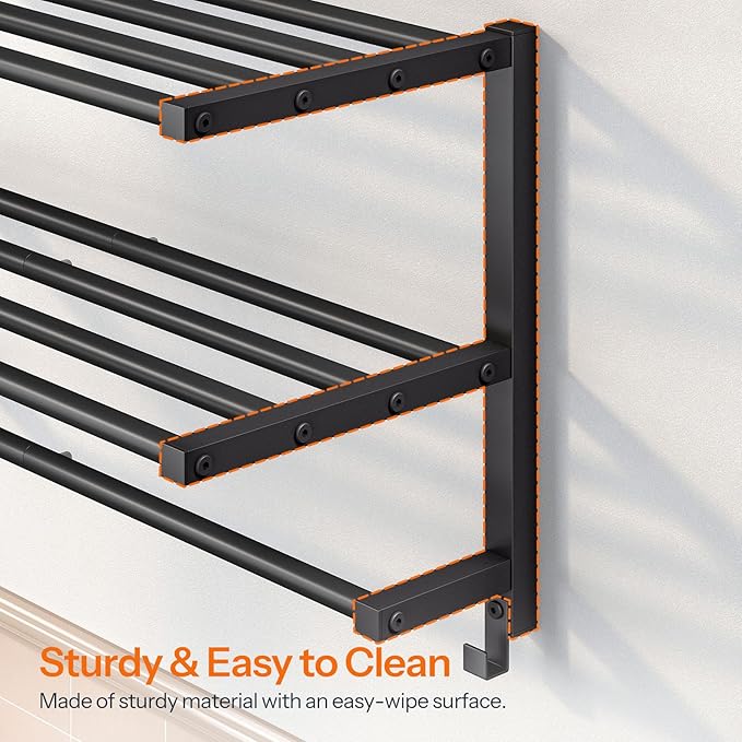 HOOBRO 23.8" Towel Rack for Bathroom, 3 Tier Towel Shelf with Tower Bars, Bathroom Storage Organizer for Towels and Toiletries, Towel Holder Wall Mounted with 2 Hooks, Black BK08LB01