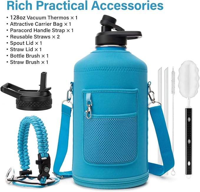 1 Gallon Water Bottle Insulated | Thickened Stainless Steel Vacuum Metal Water Jug | Portable Sports Large for Gym and Hiking with Straw, Carrier Bag, Handle Strap | BPA-Free 128 oz