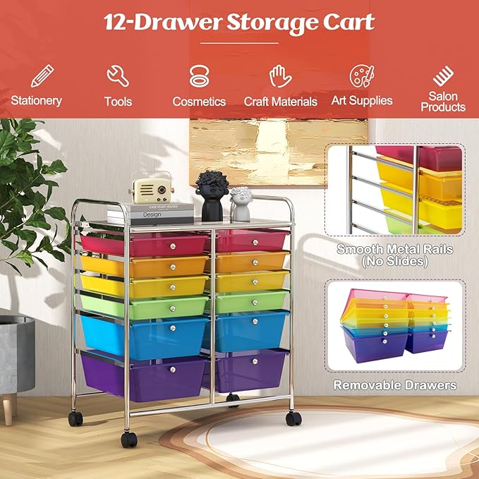 GOFLAME 12-Drawer Rolling Storage Cart, Multipurpose Organizer Cart with 2 Sizes Plastic Drawers, Mobile Utility Cart with Lockable Casters for School, Home Office, Beauty Salon, Rainbow