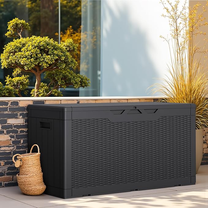 Greesum Outdoor Storage Box 100 Gallon Storage Bin with Lid for Patio Furniture, Garden Tools, Pool Supplies, Lockable, Waterproof and UV Resistant, Black
