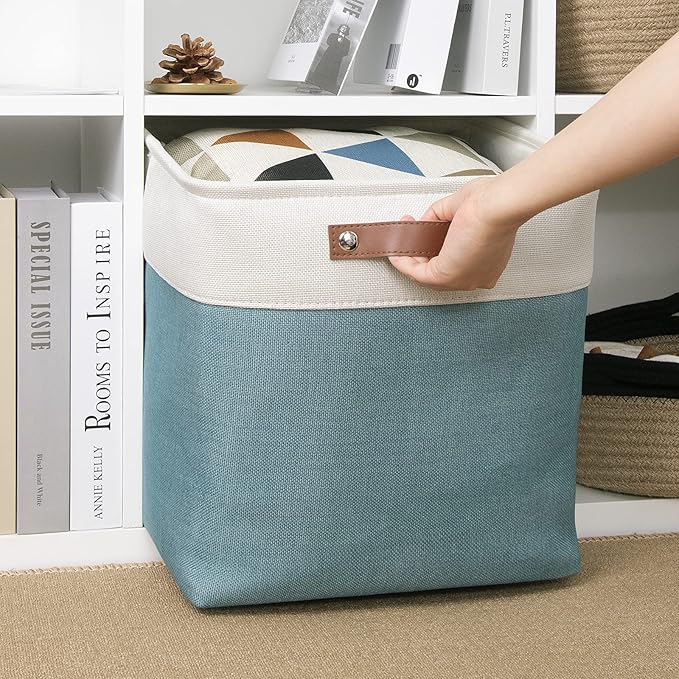 DULLEMELO Cube Basket for Storage, Collapsible Fabric Cube for Organizing, Storage Cube for Closet, Laundry, Nursery, Shelves, Decorative Basket for Gifts Empty (White&Teal)