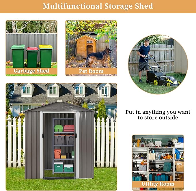 Vongrasig Outdoor Storage Shed, 6 x 4 FT Outside Metal Garden Shed with Large Window and Lockable Door, Waterproof Tool Shed for Backyard Patio, Lawn and Garden (Gray)