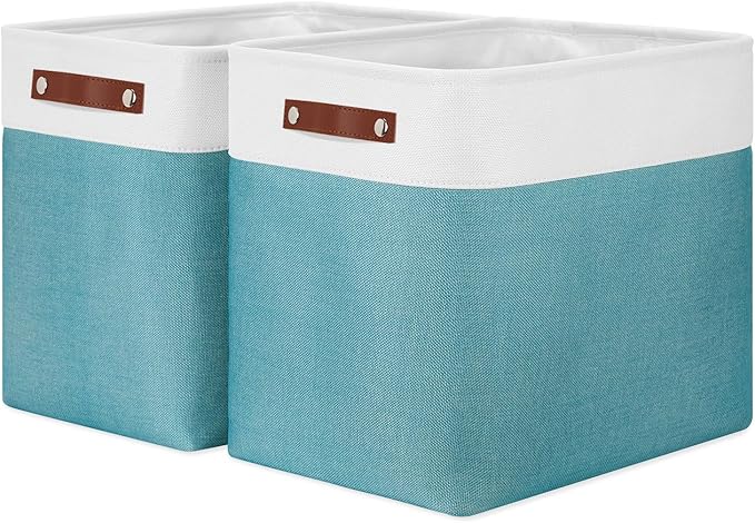 DULLEMELO Extra Large Storage Baskets, Fabric Storage Bins for Organizing Shelves Nursery Toys Books, Closet Baskets and Bins with Handles, White&Teal, 2-Pack