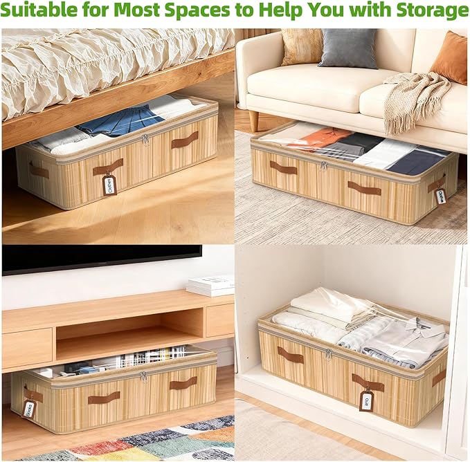 Livole Bamboo Under Bed Storage, 6 inches Underbed Storage Containers, 56L XXL Under Bed Storage Bins with Clear Lid & Label for Clothes, Blankets, Sweater, Shoes, 1 Pack