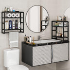 Over The Toilet Storage Bathroom Shelves Wall Mounted 3 Tier Space Saver Corner Shelf Organizer Bamboo Towel Rack Toilet Paper Cabinet with Hanging Rod Black Sets
