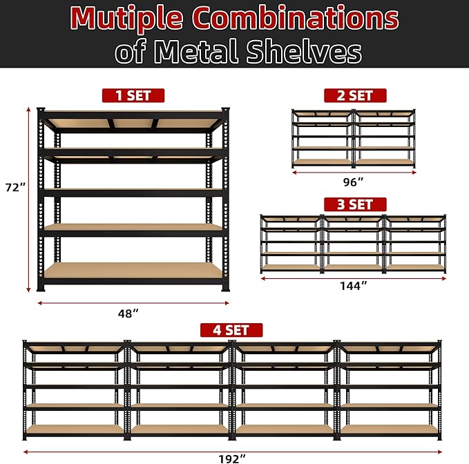 6 Packs 48" W x 24" D x 72" H Adjustable Garage Storage Shelves - 5-Shelf Heavy Duty Shelving Unit, Metal Utility Storage Organizer Racks for Warehouse Pantry Closet Kitchen, Black