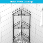 3 Tier Floor Standing Corner Shower Caddy Organizer Shelf with Hooks, Bathroom Shelves Stand Rack, Matt Black