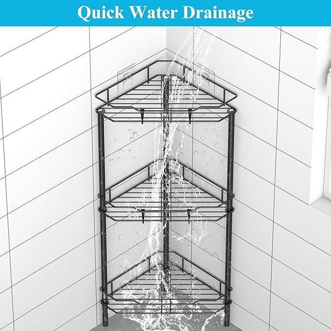 3 Tier Floor Standing Corner Shower Caddy Organizer Shelf with Hooks, Bathroom Shelves Stand Rack, Matt Black