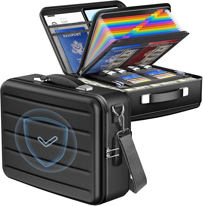 Fireproof Document Box with Lock, Hard-Shell Fireproof Safe for Home Documents, Portable Travel Fire Proof File Box for Passport Laptop Certificates, Black
