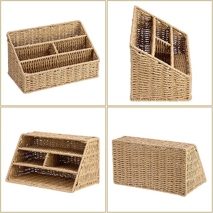 BTSKY Woven Storage Basket Rattan Vertical Wicker Storage Baskets with 4 Compartments Desk Organizers and Storage Magazine File Holder Home Office Supplies Sorter Rack, Wicker Mail Organizer