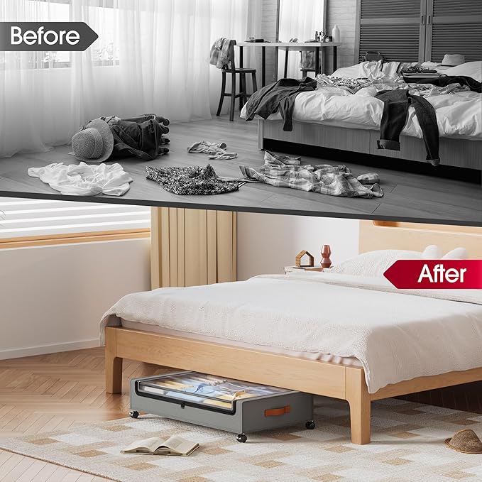 Yecaye 4 Pack Under Bed Storage with Wheels, Under Bed Storage Containers with Lids, Large Under Bed Rolling Storage with Clear Window & Label, Rolling Drawers for Clothes, Blankets, Books