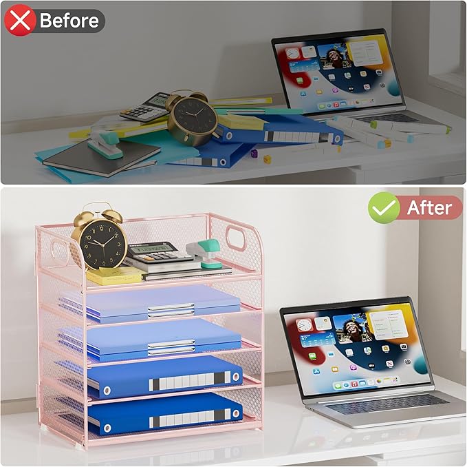 5-Tier Stackable Paper Organizer with Handle, Pink Metal Mesh Letter Tray | Stylish Desk File Sorter for Office, Home & Classroom Supplies