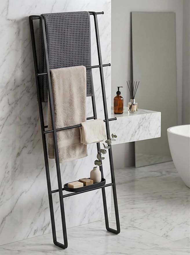 Metal Leaning Ladder Towel Rack, 4-Tier Blanket Stand for Bathroom Living Room, No Drilling Quilt Storage Organizer (Matte Black)