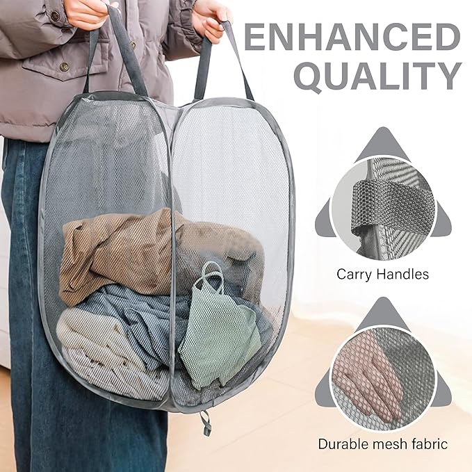 DecorRack 1 Pack Mesh Pop Up Laundry Hamper, Lightweight Foldable Clothes Basket with Easy Carry Handles, Durable Mesh Design for Air Circulation and Simple Storage, Gray (1 Pack)