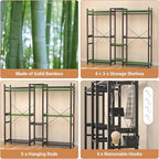 Homykic Bamboo Closet System Clothes Rack, Large Freestanding Garment Rack Clothing Rack for Hanging Clothes with 7 Storage Shelves and 5 Rods, Open Wardrobe Organizer with 4 Hooks, Black