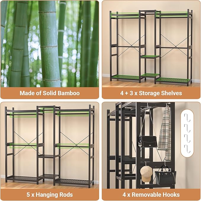 Homykic Bamboo Closet System Clothes Rack, Large Freestanding Garment Rack Clothing Rack for Hanging Clothes with 7 Storage Shelves and 5 Rods, Open Wardrobe Organizer with 4 Hooks, Black