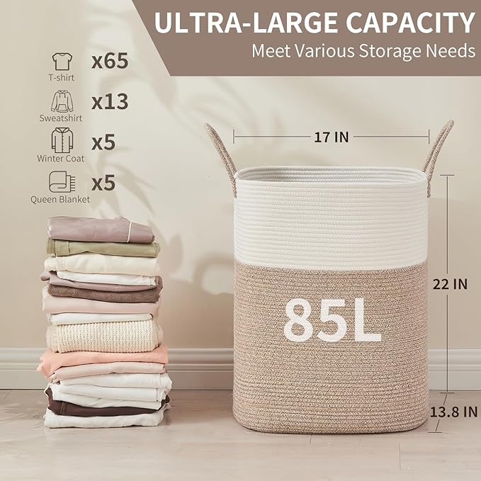 Laundry Basket with Handles - Blanket Basket & Hampers for Bedroom Aesthetic, Laundry Hamper & Blanket Storage for Living Room, Clothes Hamper, Tall, Large 17" x 14" x 26”, White & Rice Brown