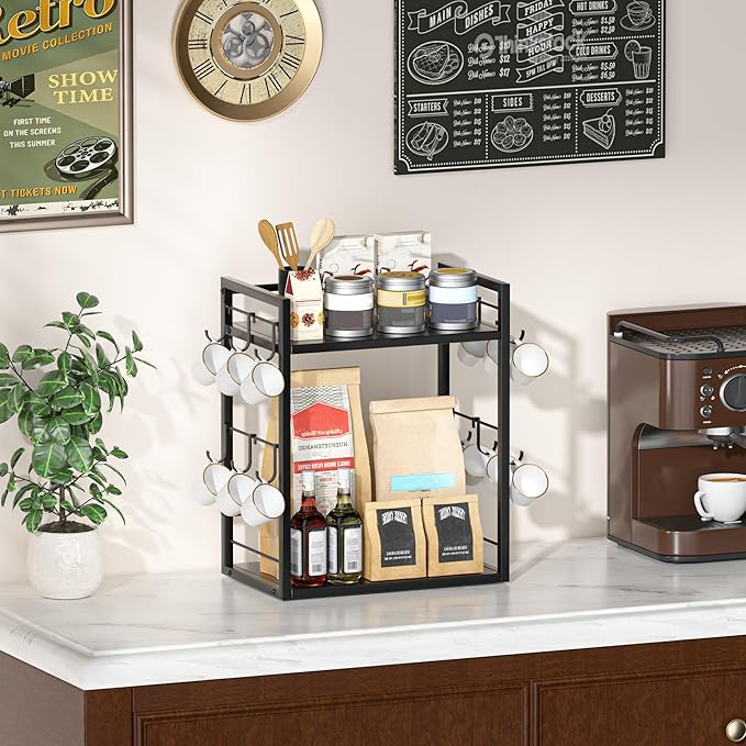 Dorhors 2 Tier Coffee Bar Accessories and Organizer,Multi-functional Mug Holder with 12 Hooks,Wood Coffee Station Organizer,Kitchen Countertop Shelf (Black)