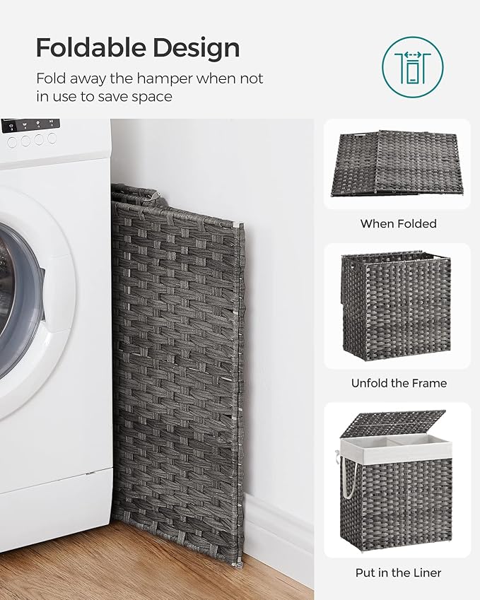 SONGMICS 130L Clothes Hamper with Lid, 2 Removable Liner Bags, 6 Mesh Bags, Wicker, Double Laundry Basket for Bathroom, 13 x 26 x 23.6 Inches, Gray ULCB253G01