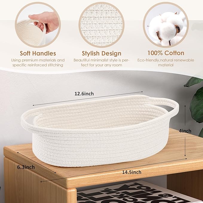 Small Toilet Paper Basket Woven Rope Toilet Tank Tray Back of Washroom Basket Organizer for Bathroom,Shelf Bedroom, Living Room, Nursery, RV. 12.6"L x 6"W,White