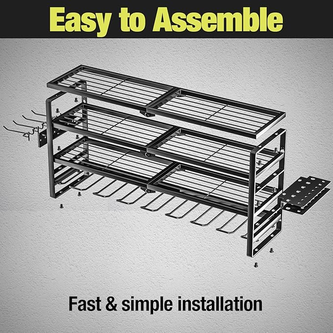 4 Layer Power Tool Organizer Wall Mount, Battery Tools Holder with Charging Station Shelf, Cordless Drill Hanger Storage Rack for Garage Organization, Workshop, Pegboard - 32 Inch 8 Slots