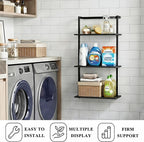 3-Tier Over the Toilet Storage Rack, Metal Wood Wall Mounted Floating Shelves for Bathroom Living Room Office, Black