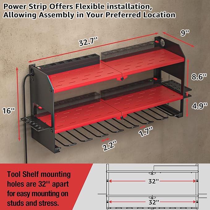 YYR Power Tool Organizer with Charging Station Wall Mount, Cordless Drill and Battery Holder for Garage Organization, Electric Tools Storage Rack Build in Surge Protection Power Strip - Red Shelf